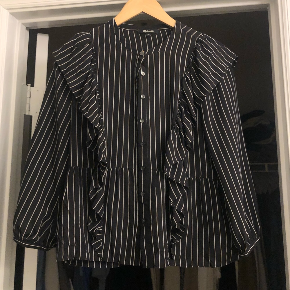 Madewell Silk Black/White Ruffle Blouse